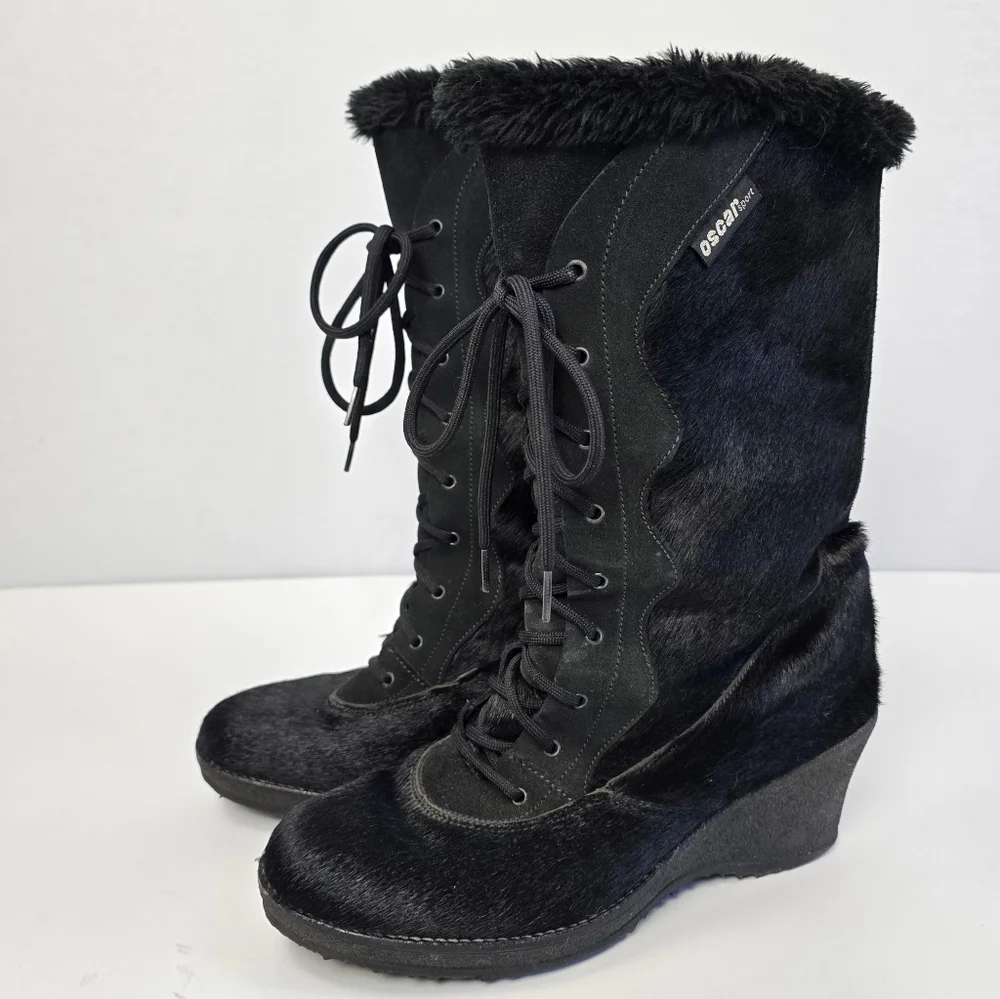 Oscar Sport Apres Ski Black Fur Tall Lace Up Winter Boots Size 41